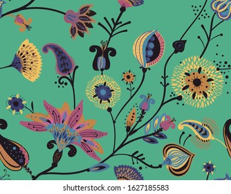 A modern version of the traditional paisley pattern. Seamless floral background for textiles, wallpaper, covers. Hand drawing style.