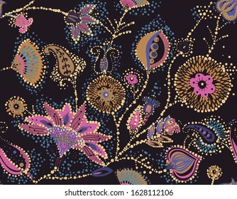A modern version of the traditional paisley pattern. Seamless floral background for textiles, wallpaper, covers. Hand drawing style.