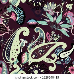 A modern version of the traditional paisley pattern. Seamless floral background for textiles, wallpaper, covers. Hand drawing style.