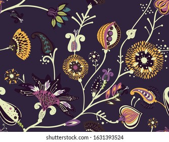 A modern version of the traditional paisley pattern. Seamless floral background for textiles, wallpaper, covers. Hand drawing style.