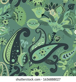 A modern version of the traditional paisley pattern. Seamless floral background for textiles, wallpaper, covers. Hand drawing style.