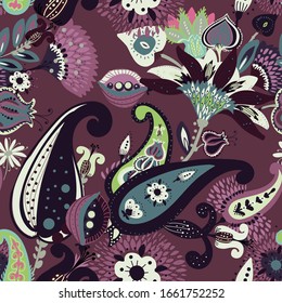A modern version of the traditional paisley pattern. Seamless floral background for textiles, wallpaper, covers. Hand drawing style.