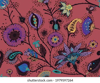 A modern version of the traditional paisley pattern. Seamless floral background for textiles, wallpaper, covers. Hand drawing style.