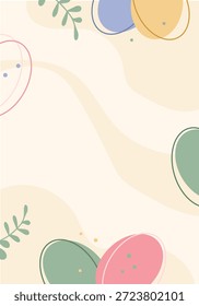 Fondo de Vertical moderno con huevos de Pascua decorados, hojas verdes y Formas abstractas en colores pastel suaves. Elegante diseño minimalista para historias móviles, tarjetas e invitaciones.