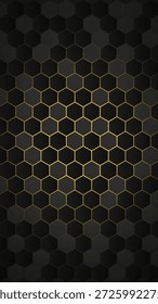 Modern vertical background or mobile backdrop with black hexagon honeycomb pattern and glowing golden light lines or yellow tech grid for luxury premium phone wallpaper design