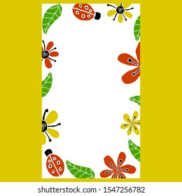 Modern vertical banner design with hand drawn flowers, leaves and ladybugs. Vector illustration with white copy space for your text. Background template for mobile social media, card. poster.