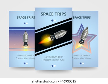 Modern vertical banner with a flying rocket. Concept for business startup, product launching on market. Leaflets set with 3d rocket. Vector illustration