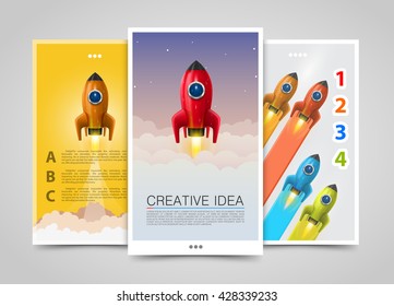 Modern vertical banners, Rocket creative idea, 3d leader up, Rocket flyer set, cover infographics. Vector illustration