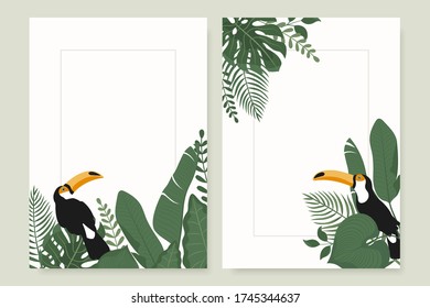 Moderne vertikale Banner mit tropischen Blättern und Toucan Vogel. Tropische Plakatvorlage. Vector Cover Design. 