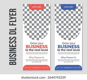 Modern vertical business flyer with clean layout, red and white color scheme, perfect for corporate marketing, promotion, and branding. Ideal for DL size print.
