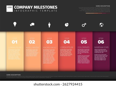 Modern vertical company milestones infographic template with 6 steps for timeline presentation. This business milestones infographic visualises process or history with icons.