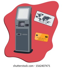 Modern vertical, dark gray ATM machine, credit cards - flat style on a red background - isolated - vector. Banking and business services.