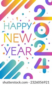Modern Vertical Happy 2024 New Year A4 Holiday poster in gradient colors with 2024 and Happy New Year inscription on white back. Template for printing, poster for inviting to celebration. Vector
