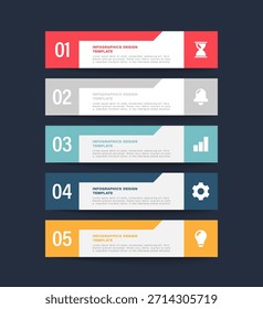 Una infografía de Vertical moderna con procesos de cinco pasos. Plantilla para la visualización de datos, instrucciones paso a paso, informes anuales.