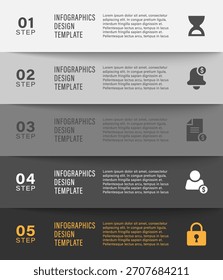 Diseño de infografía de Vertical moderna con cinco pasos estructurados e iconografía limpia. Ideal para la estrategia de negocio, presentaciones de flujo de trabajo, procesos financieros e informes corporativos.