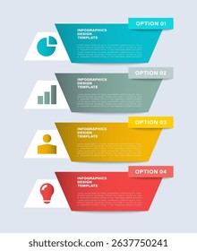 Modern vertical infographic layout. Four steps or processes with icons and space for data
