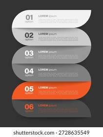 Modern vertical infographic template with 6 step processes. Infographic in gray shades with bright orange accents