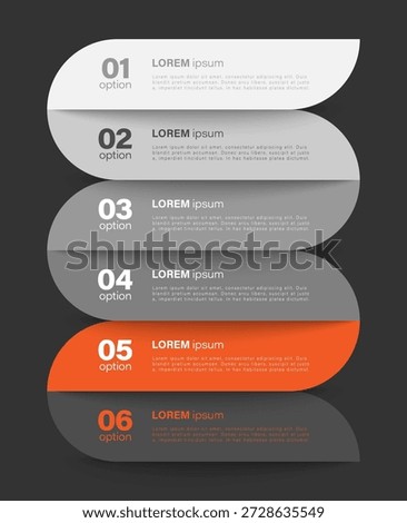 Modern vertical infographic template with 6 step processes. Infographic in gray shades with bright orange accents