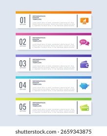 Moderne vertikale Infografik-Vorlage. Fünf Schritte Business- und Marketing-Infografik-Prozessvorlage mit Symbolen