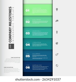 Modern vertical infographic template present your company milestones. Clean business infographic template features 6 steps, perfect for visualizing key process milestones or project timeline.