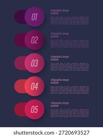 Plantilla infográfica de Vertical moderna con Elementos redondos, chiclets y espacio para datos. Diseño de procesos de cinco pasos para la visualización de datos.