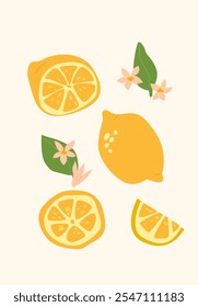 Modern vertical lemons poster, vector flat illustration. Summer or autumn bright pattern with tropical citrous fruit, harvest cover design. Can used for labels, market ad, posters, covers for print.