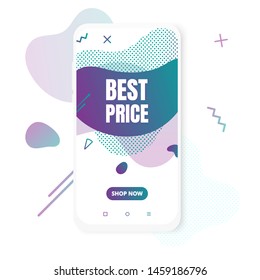Modern vertical mobile liquid abstract shape gradient memphis style design fluid vector colorful illustration BEST PRICE banner for app, presentation, sale, brochure isolated on white background.