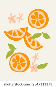 Modern vertical orange poster, vector flat illustration. Summer or autumn bright pattern with tropical citrous fruit, modern cover design. Can used for labels, market ad, posters, covers for print.