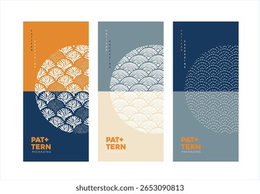 Modernes vertikales Verpackungsdesign mit kräftigen japanischen abstrakten Mustern in marineblauen Beige- und Senftönen