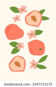 Modern vertical peach poster, vector flat illustration. Summer or autumn bright pattern with tropical fruit, harvest cover design. Can used for labels, market ad, posters, covers for print.