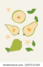 Modern vertical pears poster, vector flat illustration. Autumn bright pattern with tropical fruit, harvest cover design. Can used for labels, market ad, posters, covers for print.