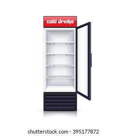 Modern vertical refrigerator with open transparent front panel for cooling drinks realistic background isolated vector Illustration