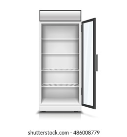 Modern vertical refrigerator with open transparent front panel isolated vector 3D Illustration