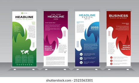 Modern vertical roll up banner design template for advertising, roll up banner template with green, purple, blue and red print ready colour, stand, standee, X-banner, vector poster for event welcome,