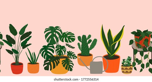 Modern vertical seamless banner with home plants and stylish watering can. Great for flower shop banner, poster, ad. Vector flat design card with empty space for text.