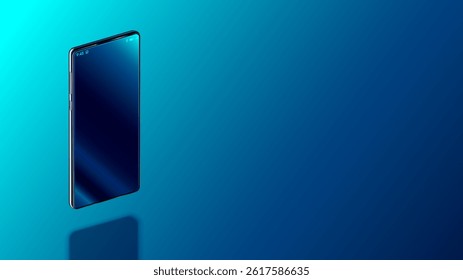 Modern vertical smartphone floating over table with smooth dark blue surface in perspective view with reflection. Realistic vector illustration isometric phone. Mock up or template shiny phone.