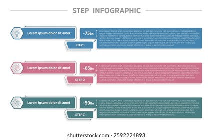 Modern vertical step milestone infographic template banner with fill box and with fill arrow with 3 point list information for slide presentation vector