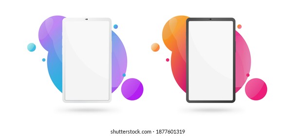 Modern Vertical Tablet Computer In White And Black Version On Colorful Shapes. Blank Screen For Your Design, Logo, Text, Website Or App. Editable Vector Illustration EPS10