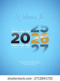 Modern, vertical vector greeting card or poster featuring bold, stylized numbers for 2026 in gold and black on a soft blue background for a New Year's celebration.