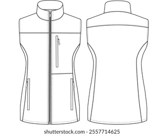 Modern vest  Jacket vector illustration with zipper front and back view