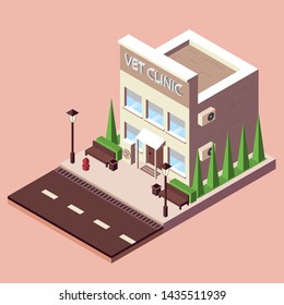 Modern vet clinic, great design for any purposes. Vector healthcare illustration. Pet care. Modern design isometric. Graphic design element.