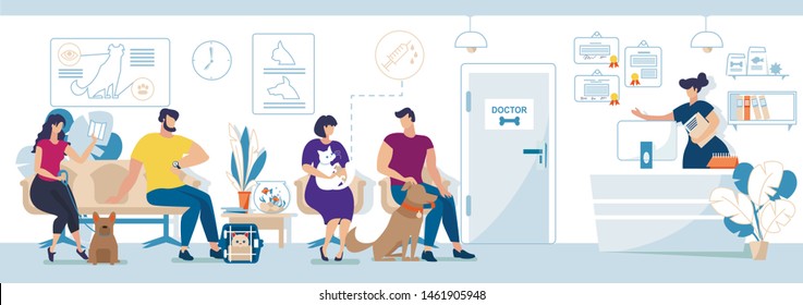 Visitantes da clínica veterinária moderna com vetor plano de animais. Pessoas com cães e gatos, donos de animais de estimação aguardando consulta médica, administrador ou enfermeiro registrando clientes na ilustração da recepção