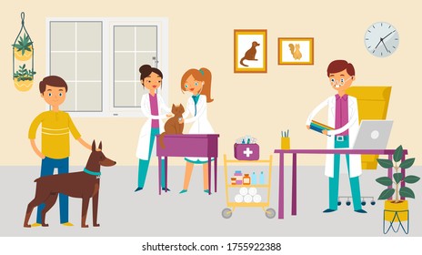Modern veterinary surgeon, doctor care animal dog cat, character male female vet physician help domestic creature cartoon vector illustration. Medical examination room, design room health therapy.