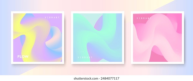 Tres diseños cuadrados modernos, vibrantes y abstractos con transiciones de color suaves y degradadas. Perfecto para proyectos de diseño contemporáneos, creativos y de moda.
