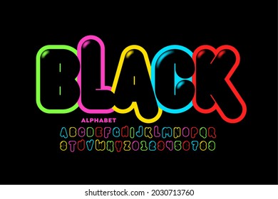 Modern vibrant color black font, alphabet letters and numbers vector illustration