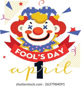 A modern and vibrant Fool’s Day poster template featuring a flat-style clown face, decorative ribbons, and dynamic geometric shapes.