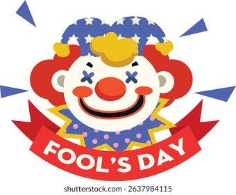 A modern and vibrant Fool’s Day poster template featuring a flat-style clown face, decorative ribbons, and dynamic geometric shapes.