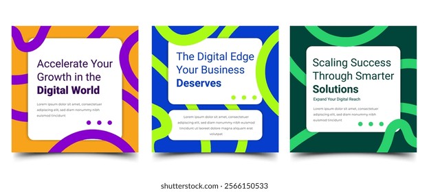 Modern and vibrant digital square banner set featuring dynamic abstract line designs. Usable for social media post, and web
