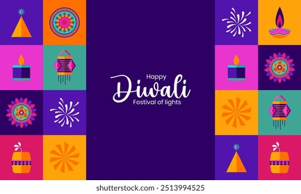 Modern and Vibrant Diwali Design with Diyas, Lanterns and Firecrackers for Indian Festival Diwali