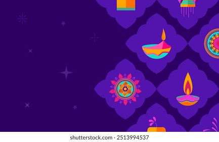 Modern and Vibrant Diwali Design with Diyas, Rangoli Patterns, and Festive Lanterns for Happy DIwali